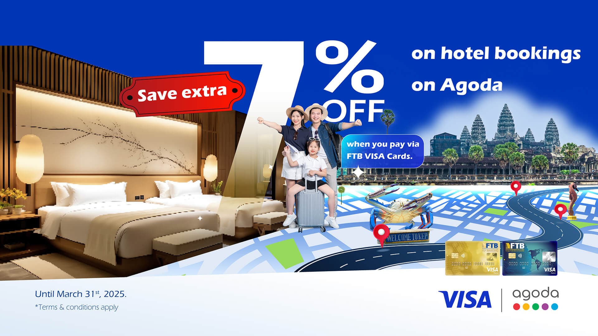 Save extra 7% off on hotel bookings on Agoda when paying via FTB VISA Cards.