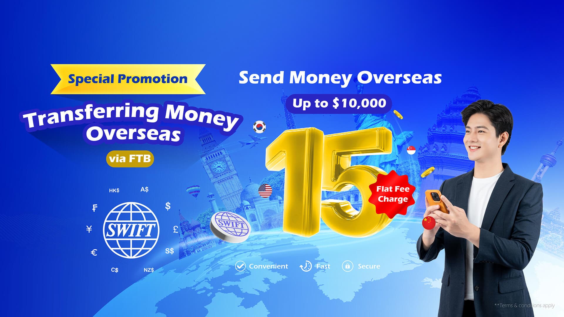 Enjoy Flat Fee at USD15 for Sending Money Overseas via Swift with FTB