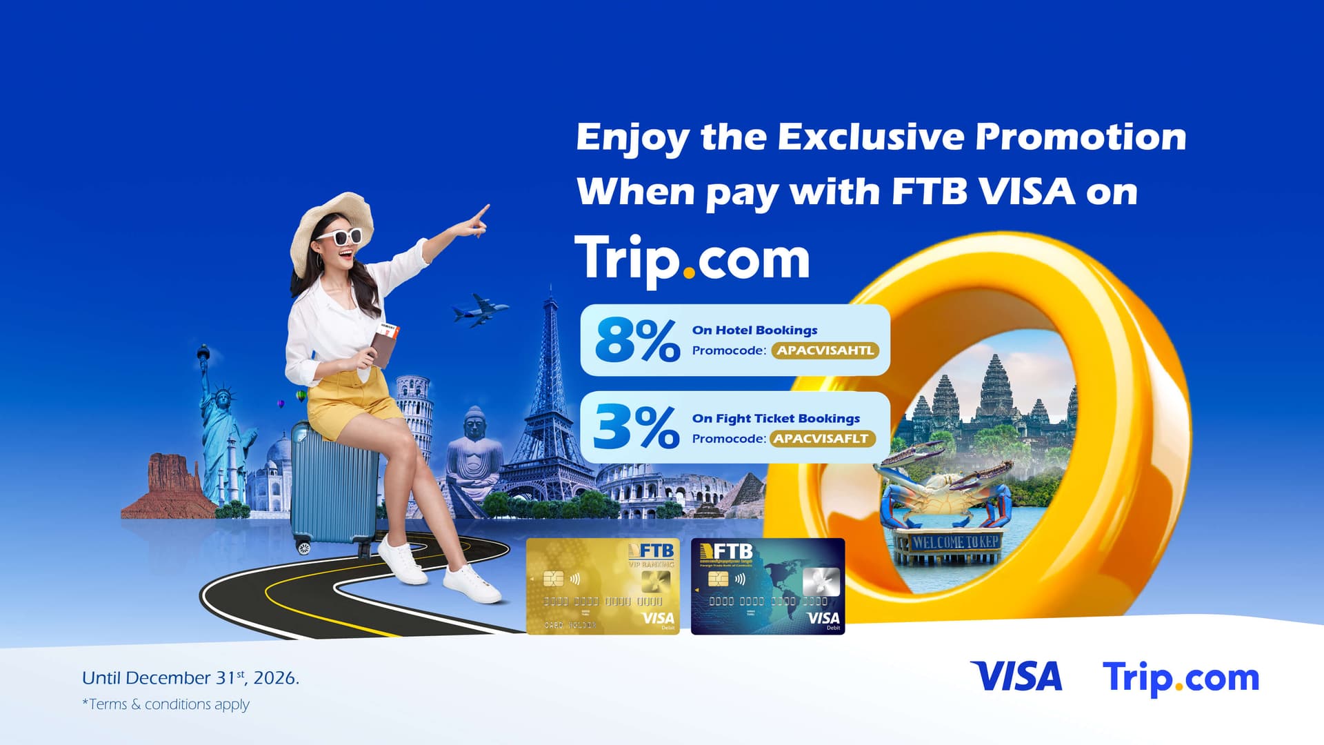Enjoy up to 8% off hotel bookings and 3% off flights when you pay with FTB cards